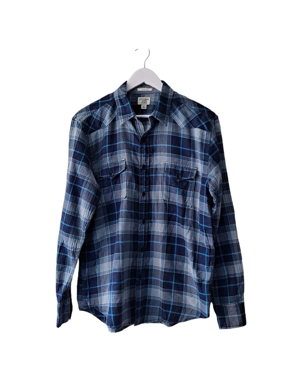 Lucky Brand Jeans Mens Blue & White Classic Fit Plaid Long Sleeve Shirt - Size S